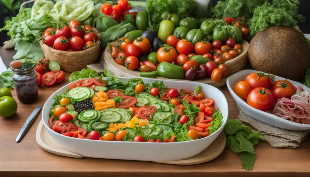 Imagem de uma mesa ao ar livre com uma grande tigela de salada colorida, molhos, suco de laranja e utensílios, representando receitas de saladas refrescantes para o verão. Alimentos para combater insônia