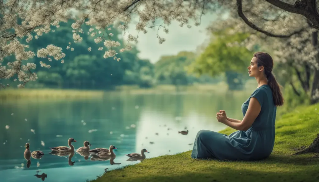 Pessoa meditando no chão de parque florido ao lado de um lago tranquilo, árvores ao fundo e céu azul, representando dicas para reduzir o estresse.